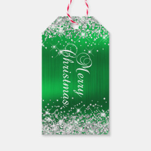 Glänzendes Silber und grüne Folie Frohe Weihnachte Geschenkanhänger