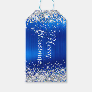 Glänzendes Silber und königliches Blau Frohe Weihn Geschenkanhänger