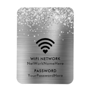Glänzendes Silberfolie-WLAN-Netzwerk und Passwort Magnet