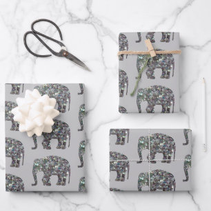 Glänzendes silbernes Mosaik-Elefantenmuster auf Gr Geschenkpapier Set