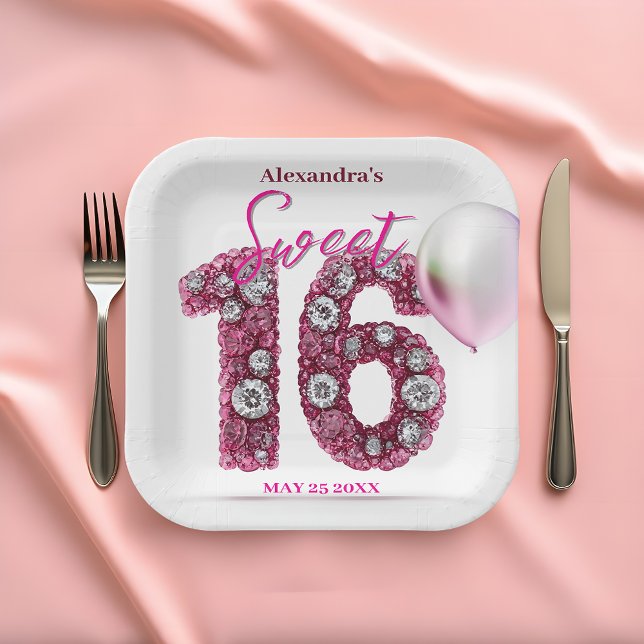 Glanzglanz Chic Pink & White Gemstone Sweet 16 Pappteller (Von Creator hochgeladen)
