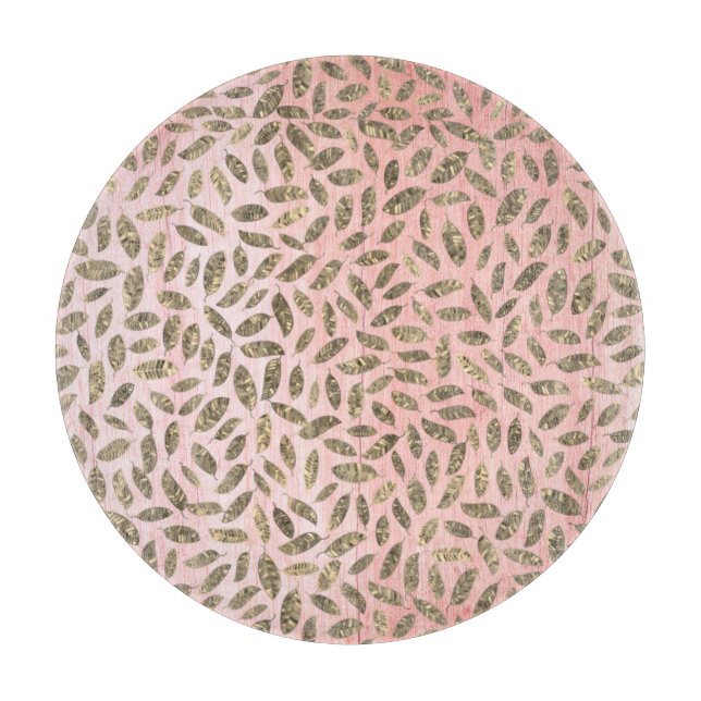Glanzgoldene Blätter auf rosa Holz Schneidebrett (Vorderseite)