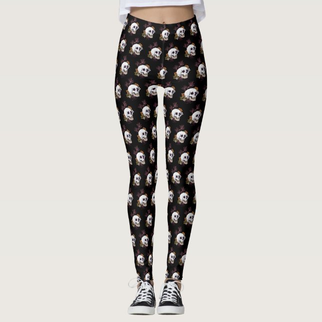 Glanzschädel und Blume Leggings (Vorderseite)