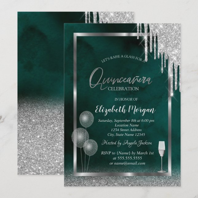 Glas, Balloons, Glitzer-Tropfen, grünes Quinceañer Einladung (Vorne/Hinten)