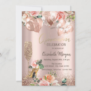 Glas, hohe Fersen, Rose, Balloons Quinceañera Einladung