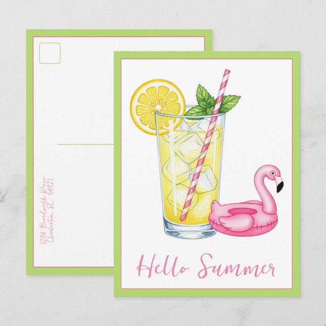 Glas Limonade mit Flamingo Postkarte (Vorne/Hinten)