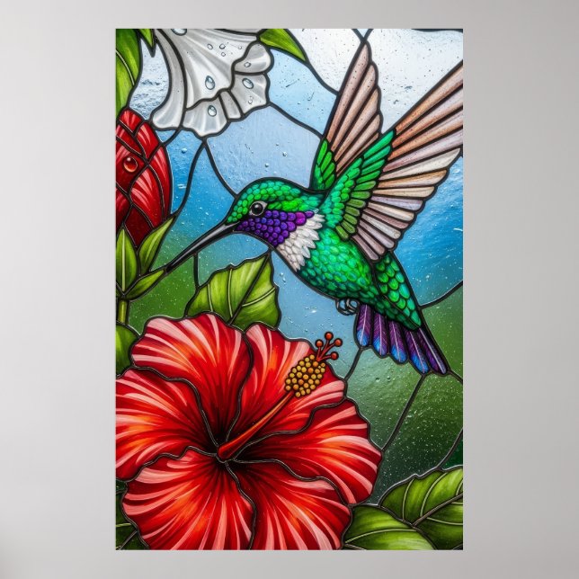 Glas-Patchwork-Kolibri-Garten-Blumenmosaik Poster (Vorne)