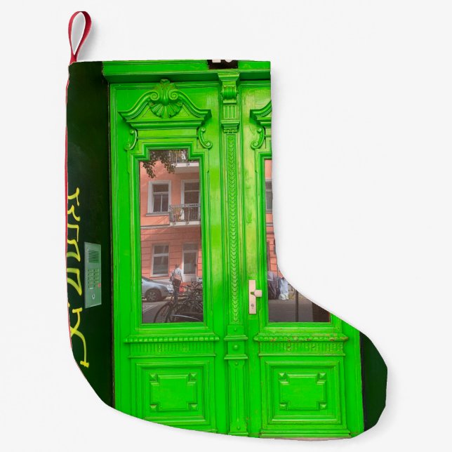 GLAS-TÜR AUS GRÜNEM HOLZ KLEINER WEIHNACHTSSTRUMPF (Vorderseite)