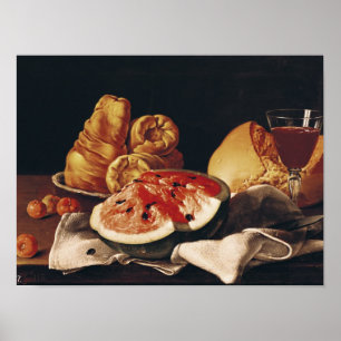 Glas Wein, Wassermelone und Brot Poster