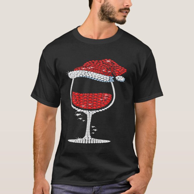 Glas Wein Weihnachtszeit Weihnachtsmannmütze T-Shirt (Vorderseite)