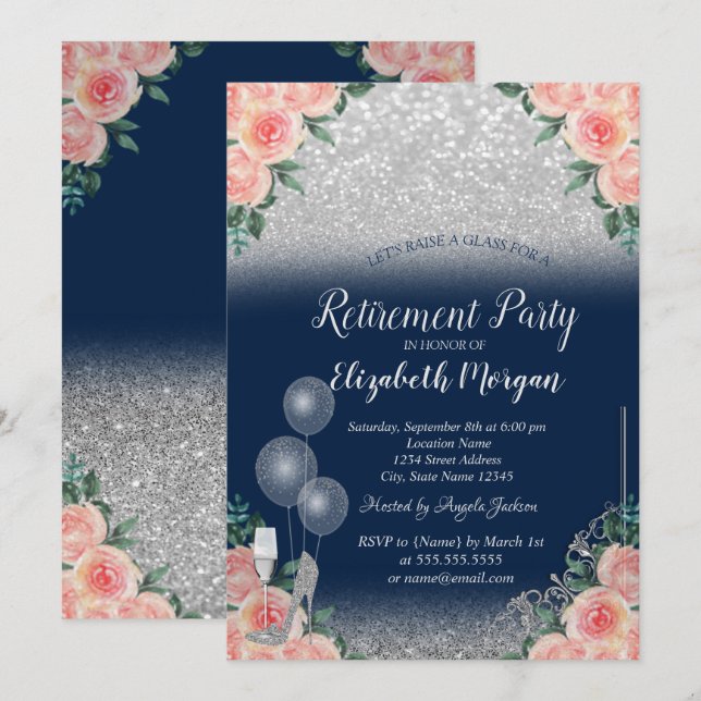 Glasballons Glitzer Floral Navy Blue Retirement Einladung (Vorne/Hinten)