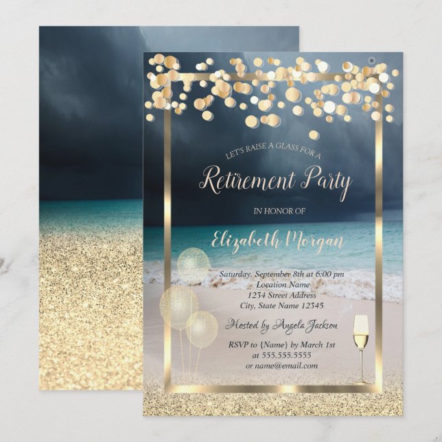 Glasballons Gold Glitzer Beach Rente Einladung (Vorne/Hinten)