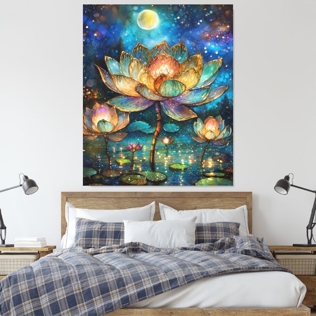 Gläserne Lotus-Blüten im Mondschein Leinwanddruck (Insitu (Schlafzimmer))