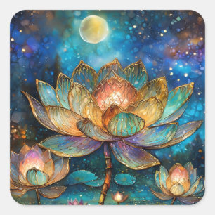 Gläserne Lotus-Blüten im Mondschein Quadratischer Aufkleber