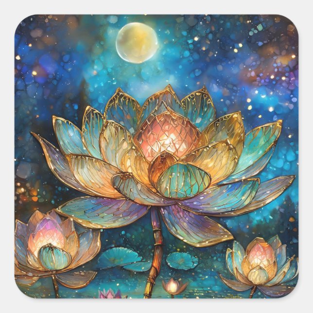 Gläserne Lotus-Blüten im Mondschein Quadratischer Aufkleber (Vorderseite)