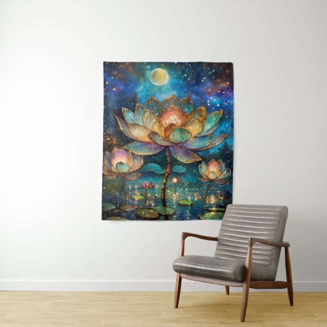 Gläserne Lotus-Blüten im Mondschein Wandteppich (Beispiel)