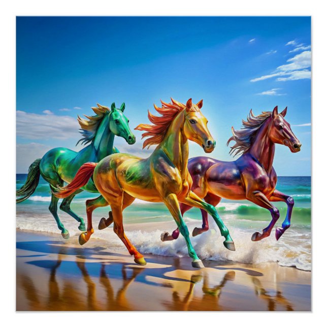 Gläserpferde galoppieren auf einem Strandposter |  Poster (Vorderseite)