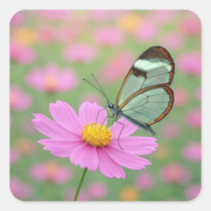 Glasflügelschmetterling auf einer Kosmee Quadratischer Aufkleber