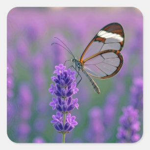 Glasflügelschmetterling auf einer Lavendelblüte Quadratischer Aufkleber