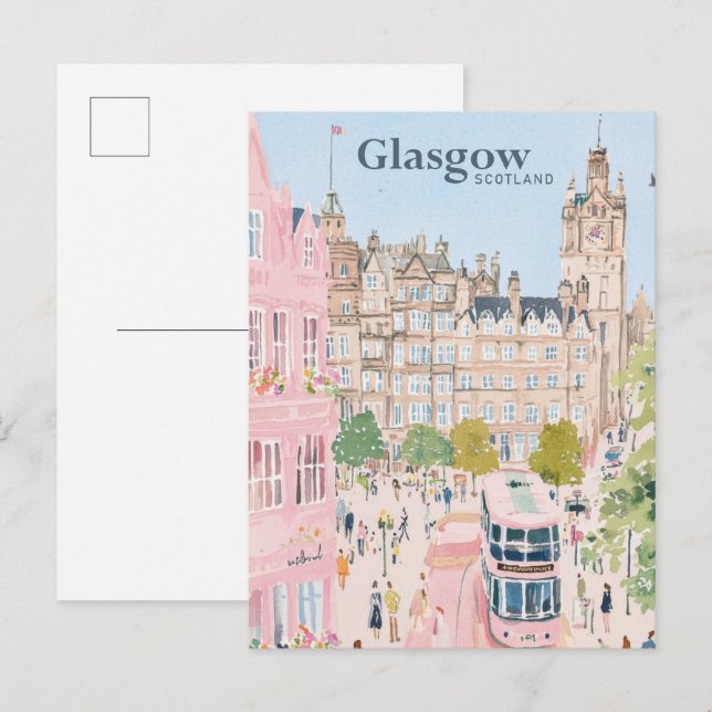Glasgow Scotland Gouache Paint Illustration Travel Postkarte (Vorne/Hinten)