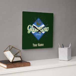 Glasgow UK Stadt Schottland Retro Dudelsack Vintag Quadratische Wanduhr