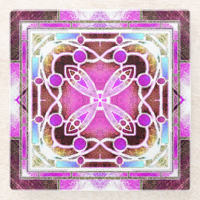 Glaskatholische Fenster in Maroon und Rosa Glasuntersetzer (Vorderseite)