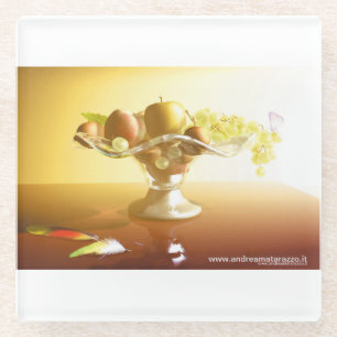 Glaskorb mit Früchten und Batterie Glasuntersetzer