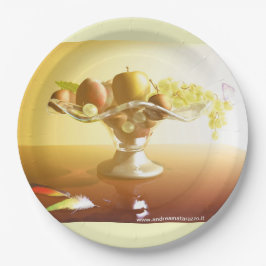 Glaskorb mit Früchten und Batterie Pappteller