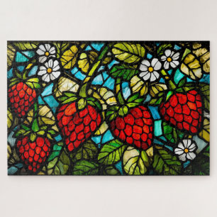 Glasmalerei Erdbeeren, Blätter und Blumen
