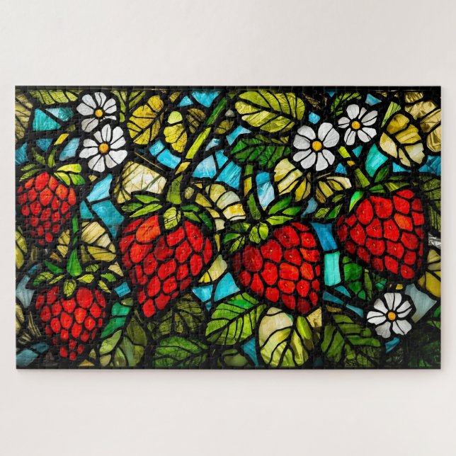Glasmalerei Erdbeeren, Blätter und Blumen  (Horizontal)
