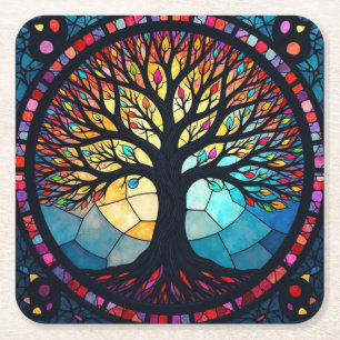 Glasmalerei Kunst, Baum des Lebens Glasmalerei  Rechteckiger Pappuntersetzer