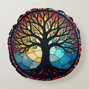 Glasmalerei Kunst, Baum des Lebens Glasmalerei Rundes Kissen
