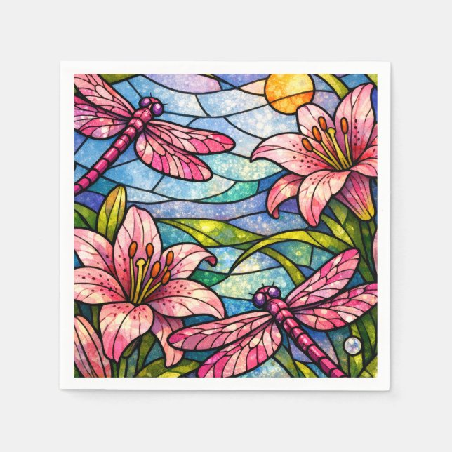 Glasmalerei-Lilien und Libellen Rosa Serviette (Vorderseite)