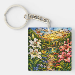 Glasmalerei-Lilien und Sonnenschein Schlüsselanhänger
