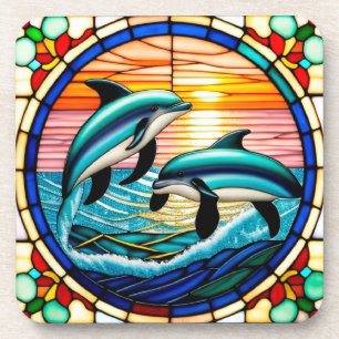 Glasmalerei mit Delfinen, die bei Sonnenuntergang Getränkeuntersetzer