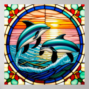 Glasmalerei mit Delfinen, die bei Sonnenuntergang Poster