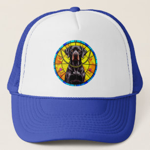 Glasmalerei mit einem schwarzen Hund Truckerkappe
