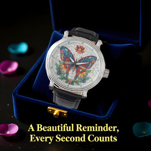 Glasmalerei-Schmetterling-Blumen-Wanduhr Armbanduhr