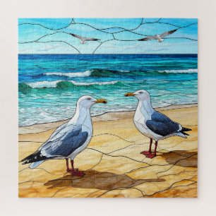 Glasmalerei von Möwen an einem Strand