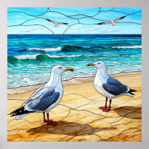 Glasmalerei von Möwen an einem Strand Poster