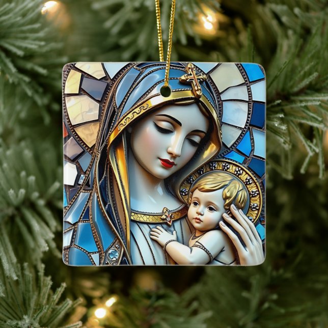 Glasmosaik | Maria und Jesus zu Weihnachten Keramikornament (Baum)