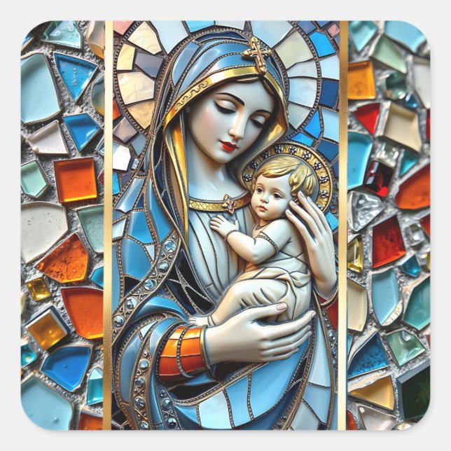Glasmosaik | Maria und Jesus zu Weihnachten Quadratischer Aufkleber (Vorderseite)