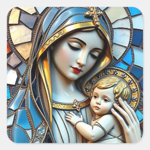 Glasmosaik   Maria und Jesus zu Weihnachten Quadratischer Aufkleber