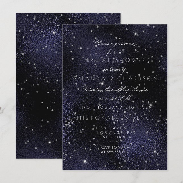 Glass Blue Navy Silver Stars Bridal Bachelorette Einladung (Vorne/Hinten)