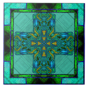Glass Celtic Cross in Gold und Grün Fliese