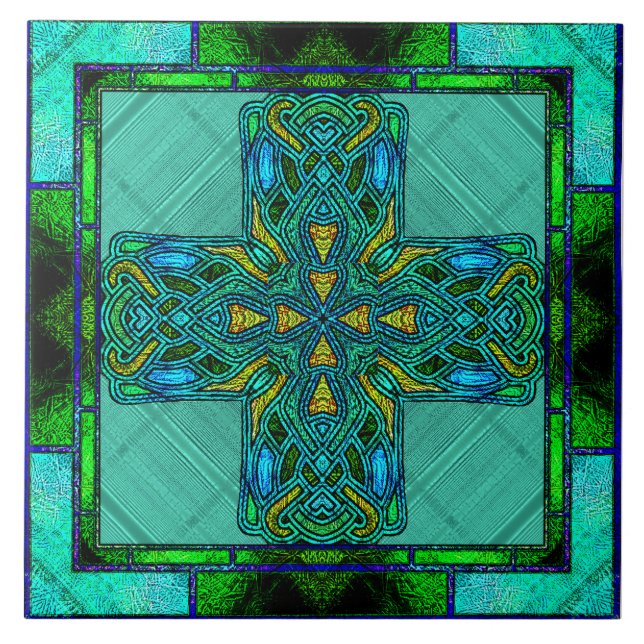 Glass Celtic Cross in Gold und Grün Fliese (Vorderseite)