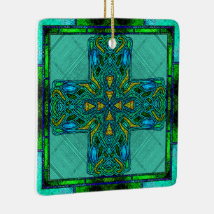 Glass Celtic Cross in Gold und Grün Keramikornament