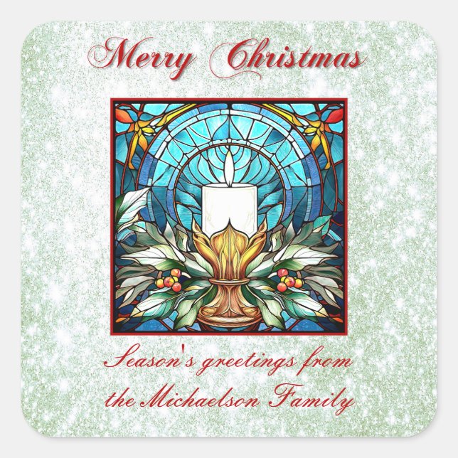 Glass Christmas Candle Holly Green Glitzer Quadratischer Aufkleber (Vorderseite)