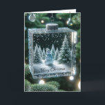 Glass Christmas Snowman Ornament Feiertagskarte<br><div class="desc">Eine festliche Schneeszene wird in einem funkelnden Glasschmuck aus einem Weihnachtsbaum eingefangen,  umgeben von funkelnden Lichtern und fröhlichem Weihnachtstext</div>