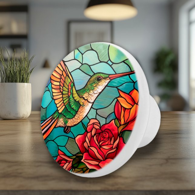 Glass Hummingbird Floral Keramikknauf (Ceramic Knob Accent with Stained Glass Style Colorful Hummingbird and Roses)